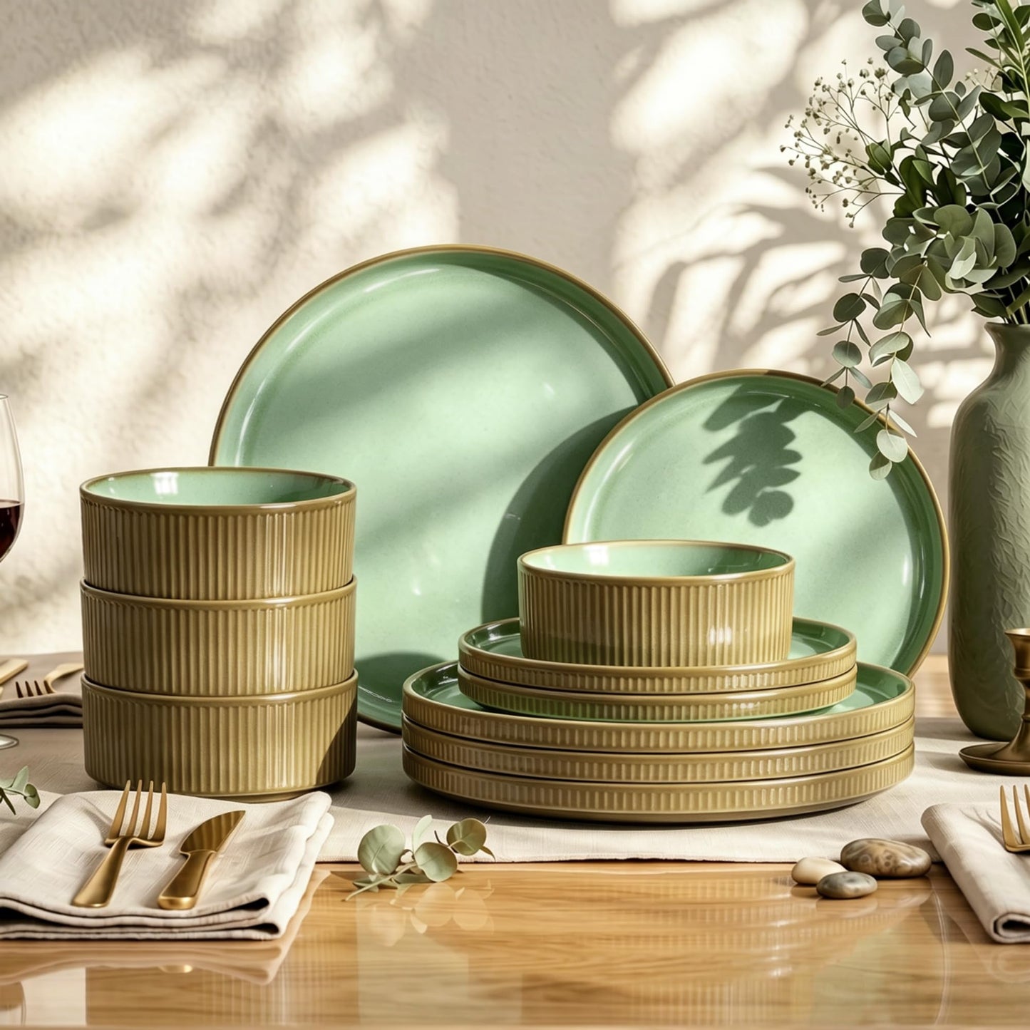 Kitchen Academy Brown Stoneawre Dinnerware Sets for 8, 24Pcs Ceramic Non Toxic Plates and Bowls Sets, Scratch Resistant Dishes, Oven & Microwave Safe