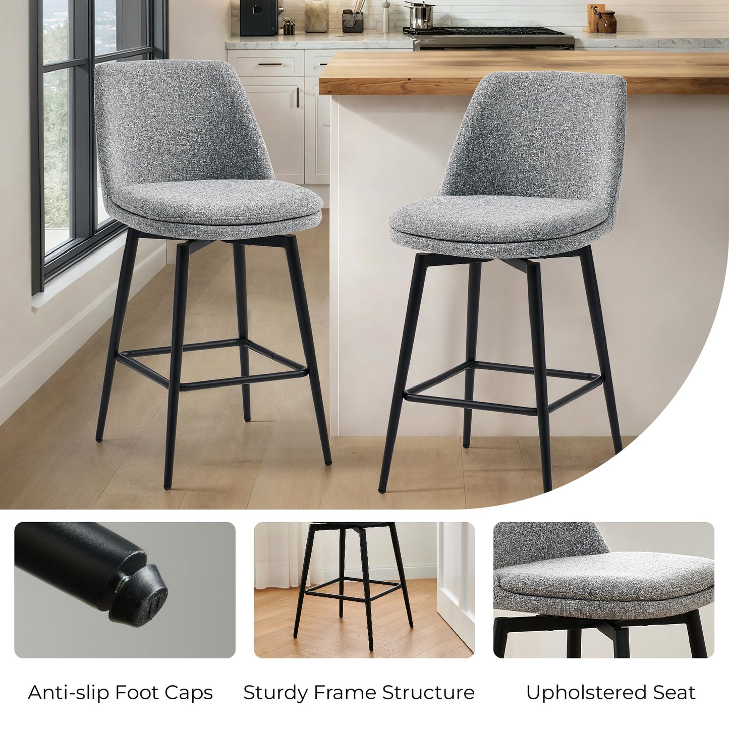 CHITA Swivel Bar Stools, 27.2" Counter Height Bar Stools Set of 3, FSC Certified Upholstered Modern Counter Stools, Metal Legs, Faux Leather, Saddle Brown