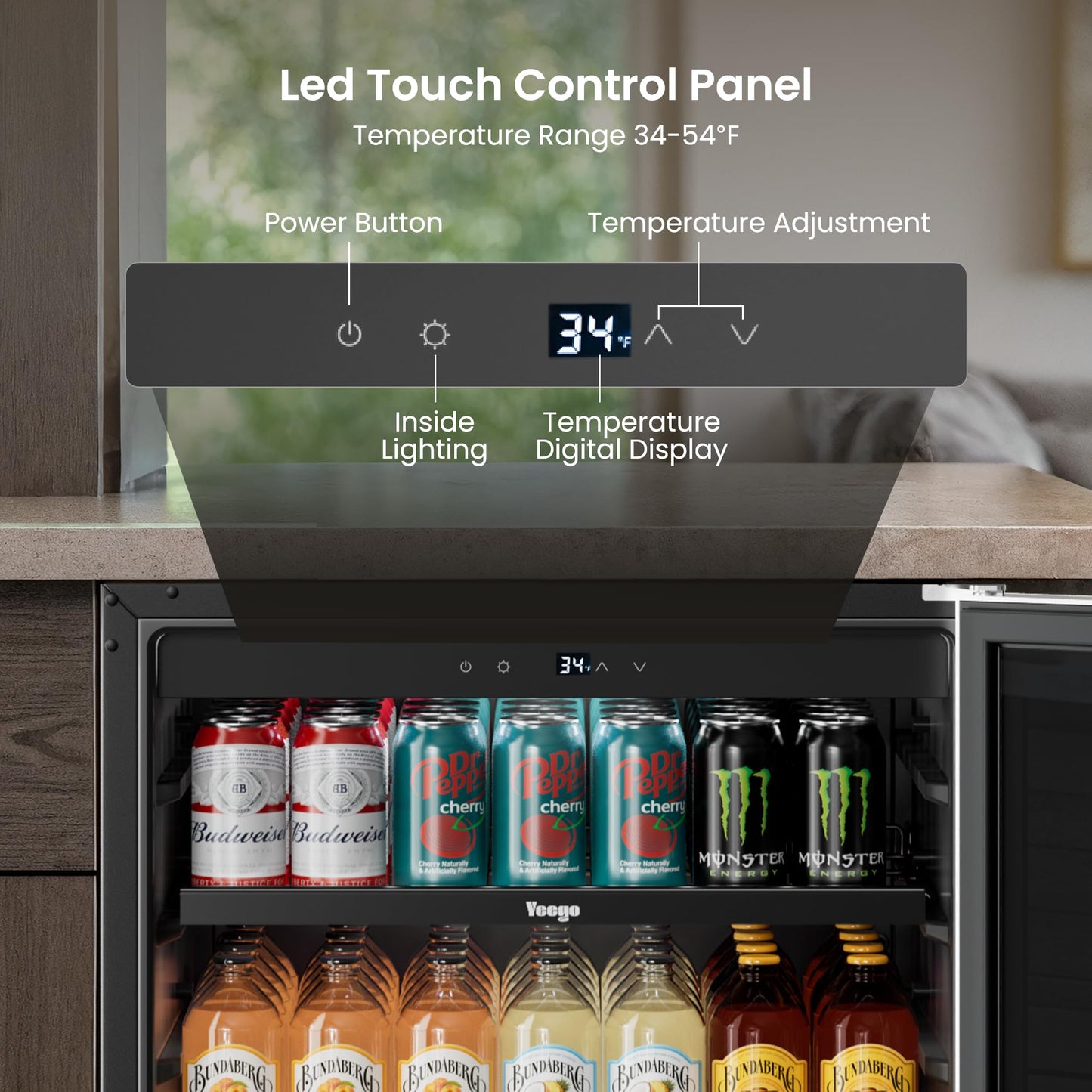 Yeego Beverage Refrigerator & Drink Fridge - 24 inch 180 Cans Beer Cooler Glass Door, 34-54℉ Under Counter Refrigerator Built-in for Drink Soda Wine for Bar Office Bedroom