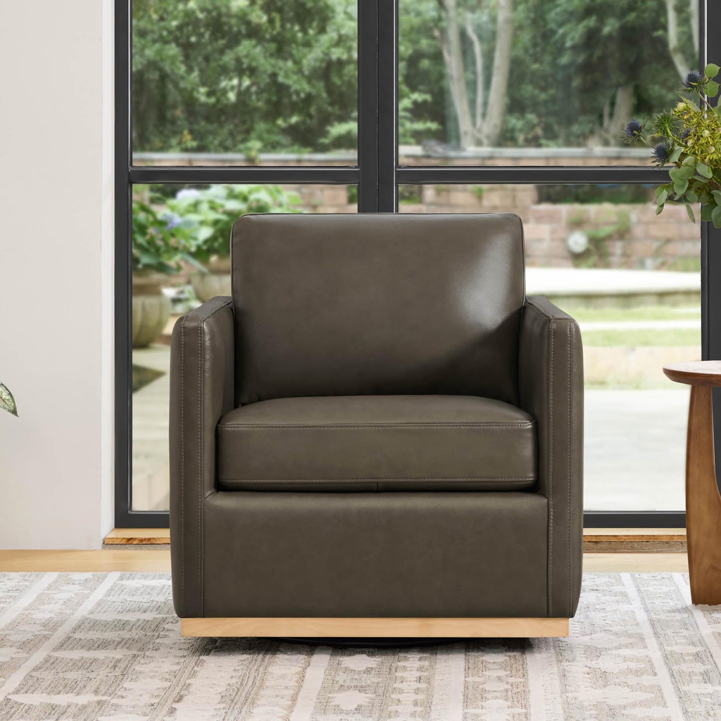 CHITA Genuine Leather Swivel Accent Chair, FSC Certified Mid Century Modern Arm Chair for Living Room and Bedroom, Fully Assembled, Saddle