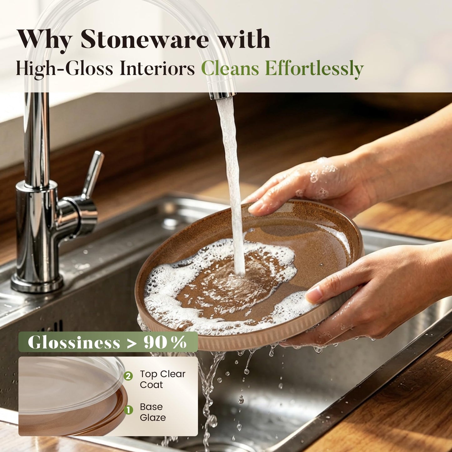 Kitchen Academy Brown Stoneawre Dinnerware Sets for 8, 24Pcs Ceramic Non Toxic Plates and Bowls Sets, Scratch Resistant Dishes, Oven & Microwave Safe