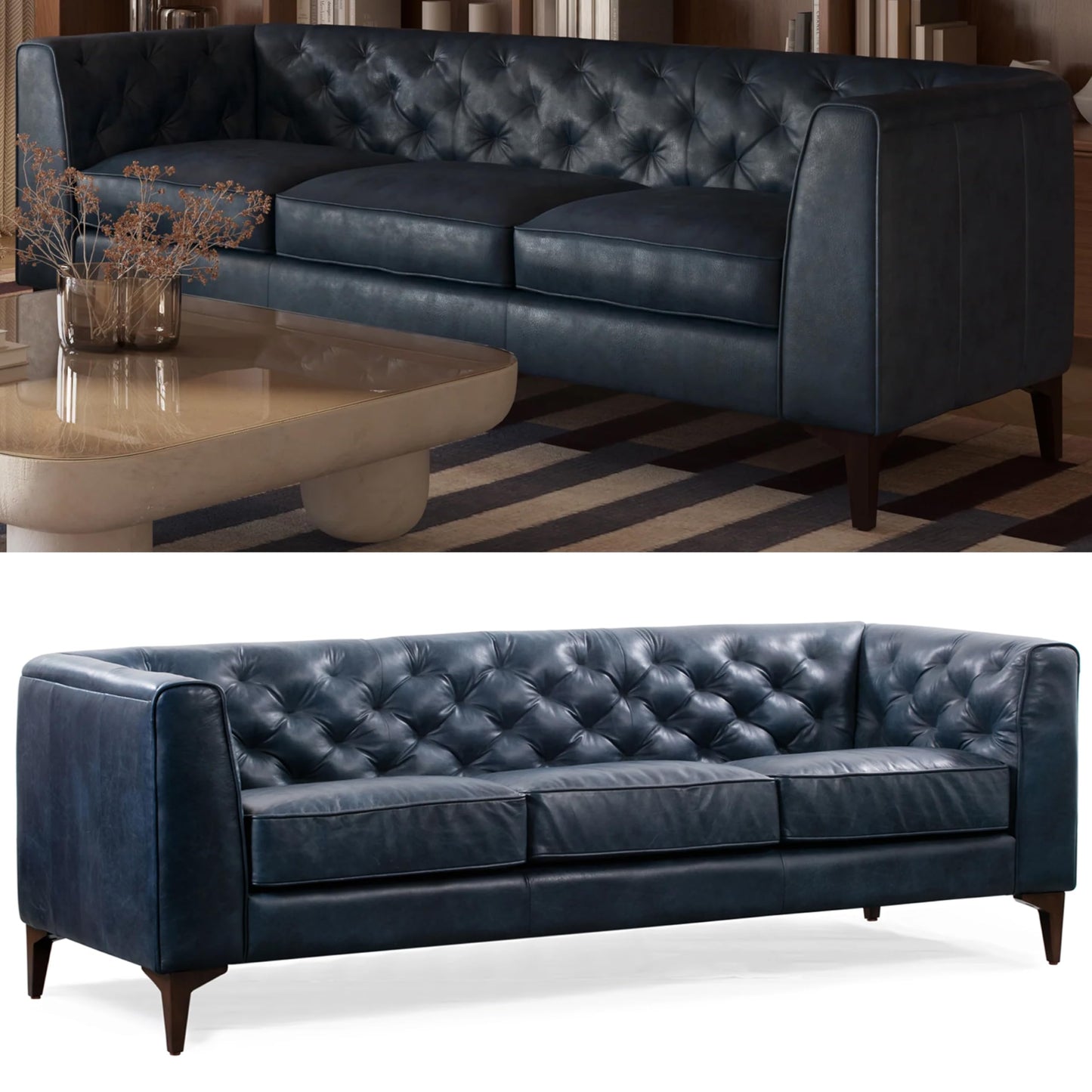 POLY & BARK Essex 89” Full-Grain Italian Leather Sofa – Tufted Back, Feather-Down Comfort, Solid Wood Frame, Cognac Tan