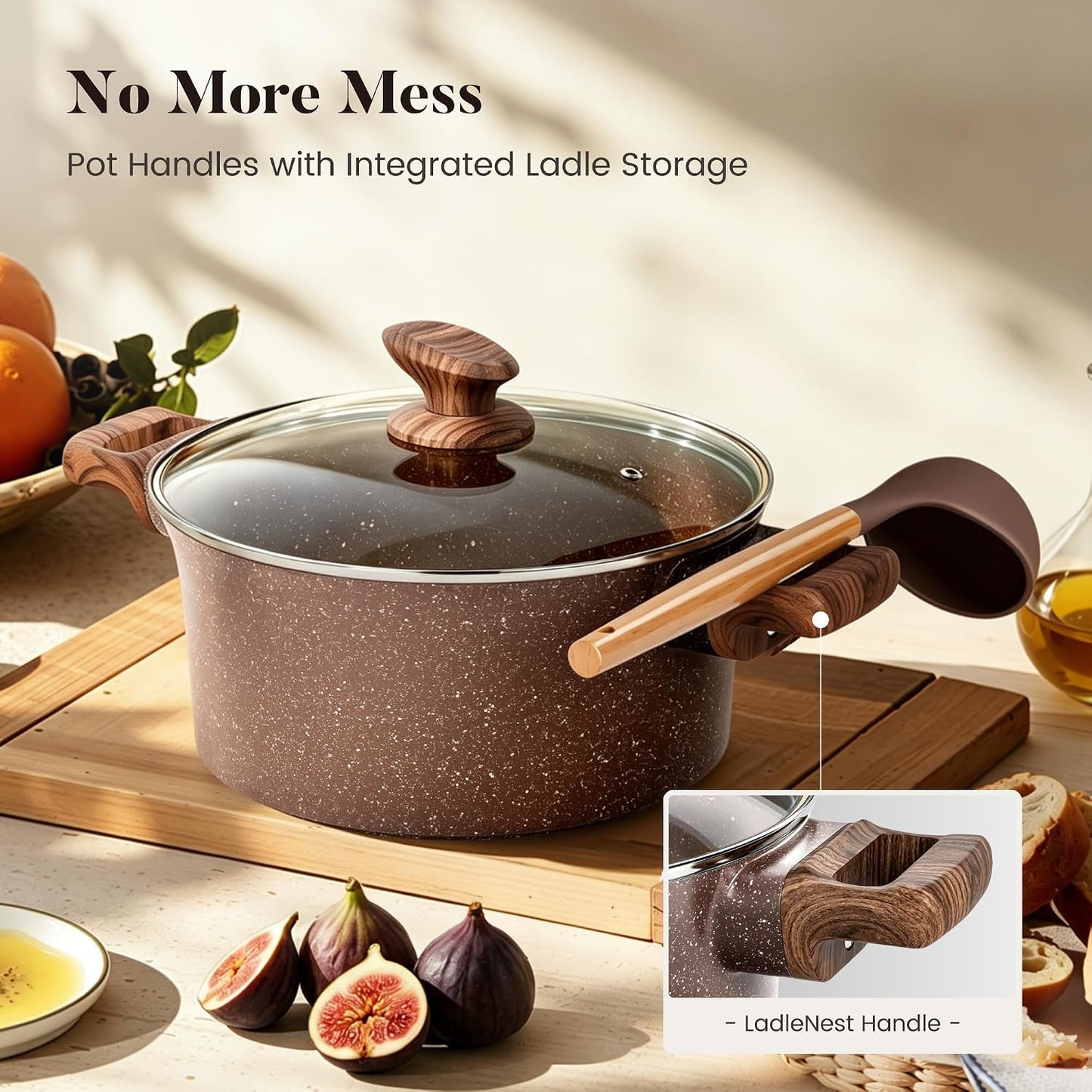 Kitchen Academy 10Pcs Induction Pots & Pans Set Non Stick, Brown | Nonstick Cookware Set, Healthy Non Toxic Cooking Pans and Sets, Easy to Clean, PFOA&PFAS Free