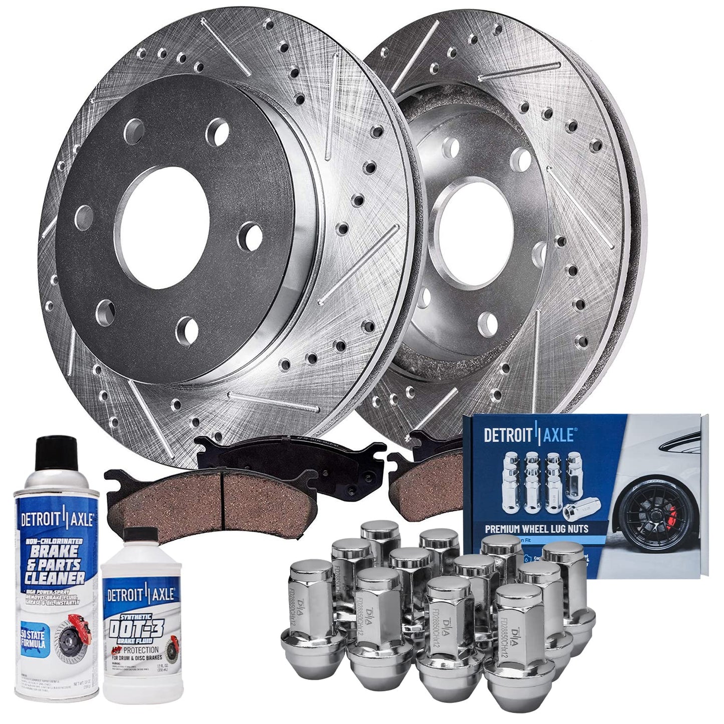 Detroit Axle - Brake Kit for 2012-2020 Ford F-150 Drilled & Slotted Brake Rotors and Ceramic Brakes Pads 2013 2014 2015 2016 2017 2018 2019 Front and Rear Replacement