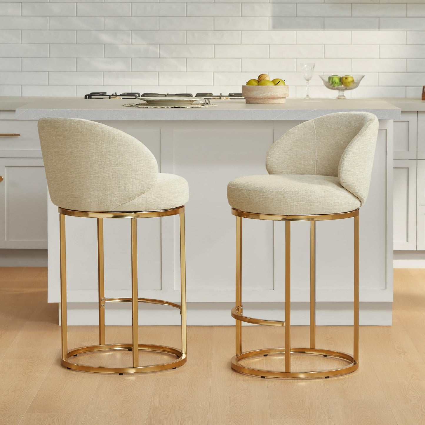 CHITA Swivel Counter Height Bar Stools Set of 3, Upholstered Bar Chairs with Backrest, Sturdy Metal Base, 26.8" Seat Height for Kitchen Island & Home Bar, Sand