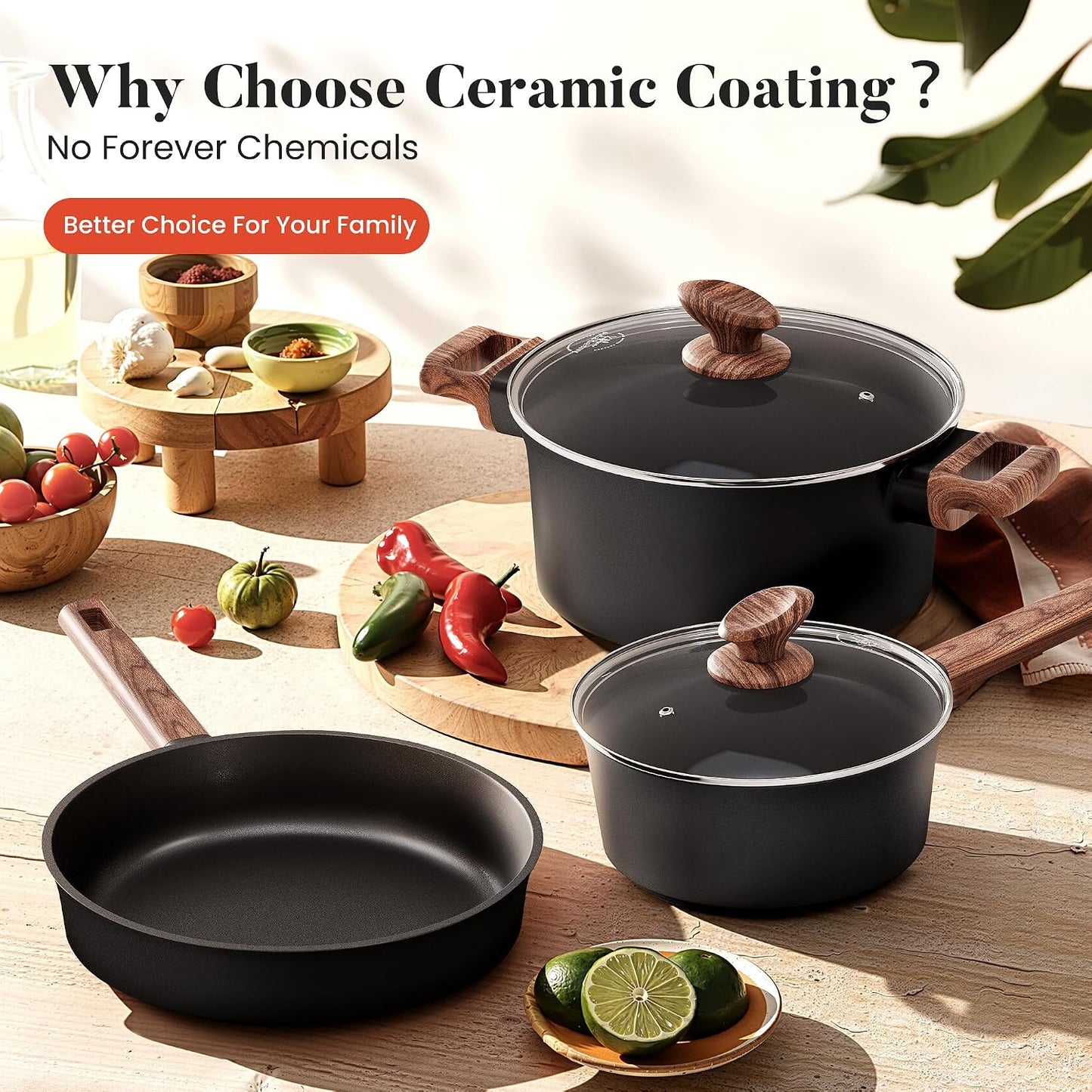 Kitchen Academy 10Pcs Ceramic Pots & Pans Set | Non Toxic, Induction Cookware