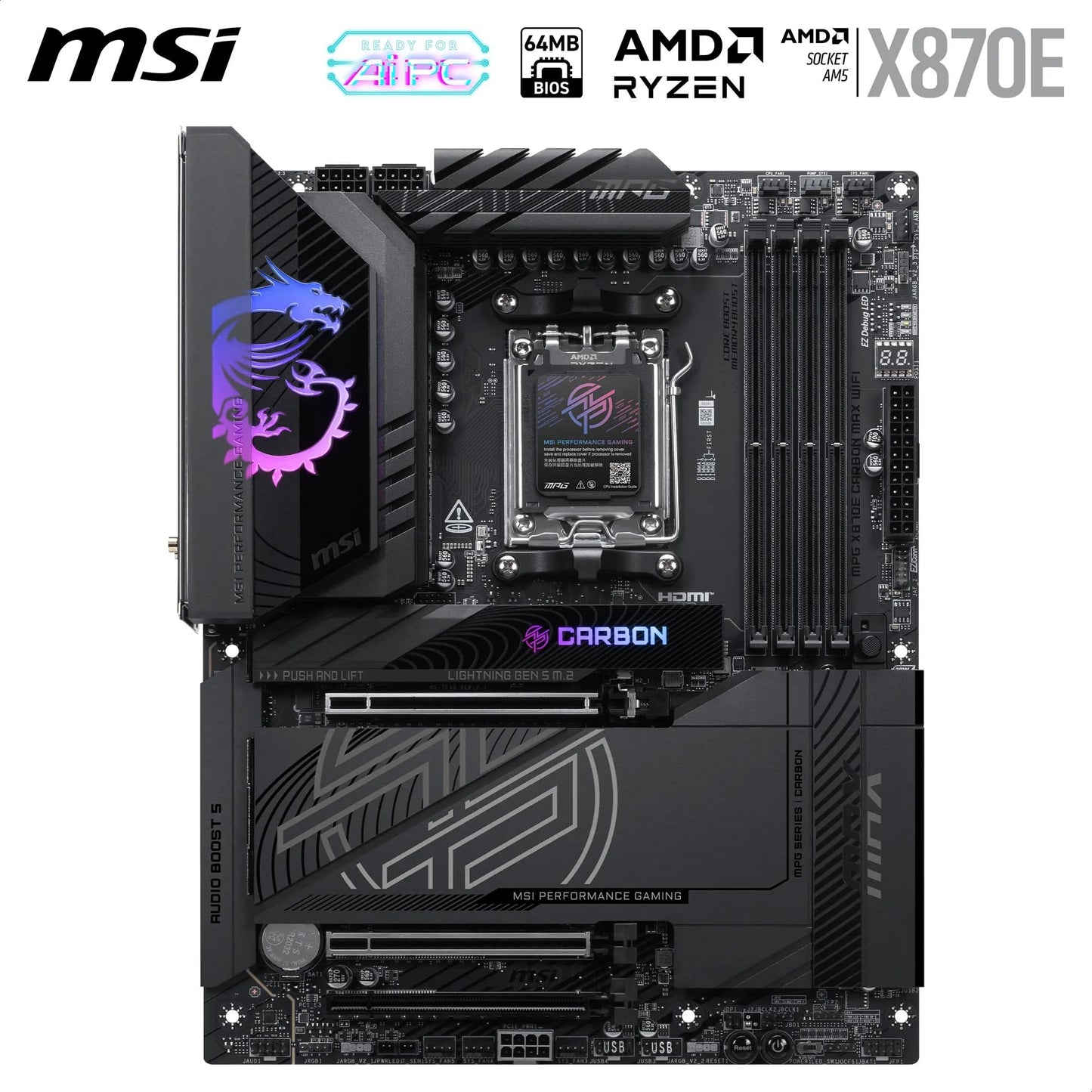 MSI MPG X870E Carbon WiFi Gaming Motherboard (AMD Ryzen 9000/8000/7000 Series Processors, AM5, DDR5, PCIe 5.0, M.2 Gen5, SATA 6Gb/s, USB 40Gbps, HDMI, Wi-Fi 7, Bluetooth 5.4, 5Gbps LAN, ATX)