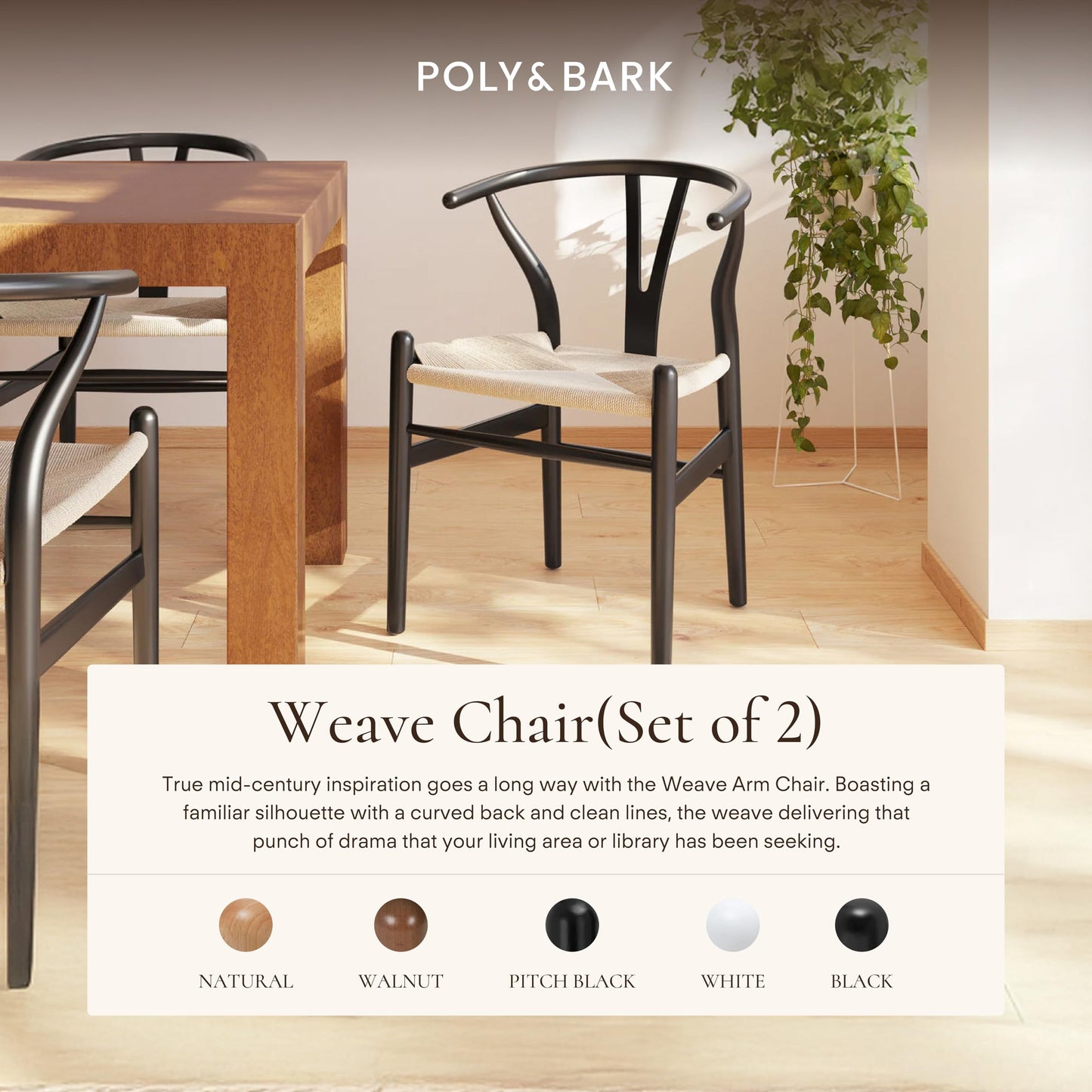 POLY & BARK Weave Dining Chair – Mid-Century Modern Wishbone Dining Chair with Arms, Solid Wood Frame, Indoor Use – Black – Single - Ideal for Dining Room, Kitchen or Stylish Accent Setting