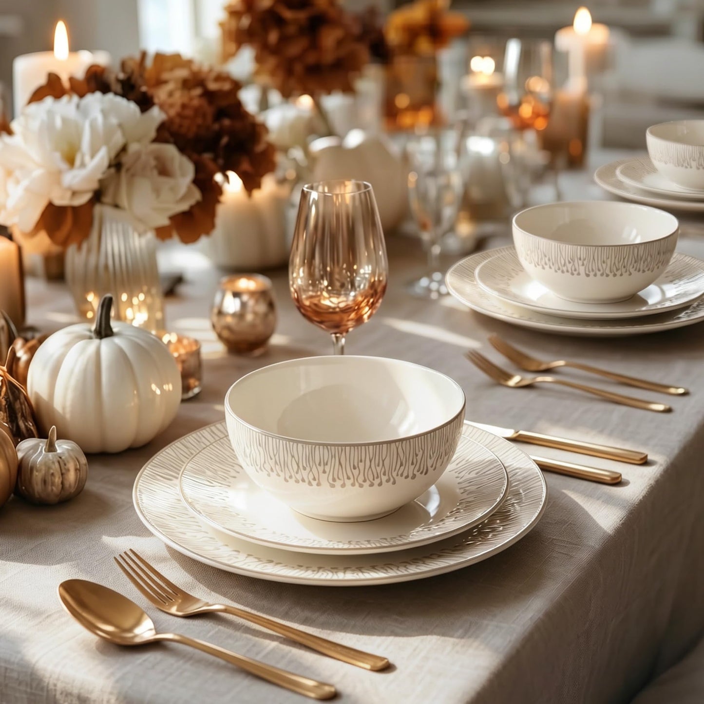 Kitchen Academy Stoneware Dinnerware Sets for 8, Embossed Ceramic Plates and Bowls Set, Beige Dishes