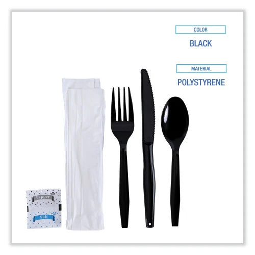 Boardwalk® Six-Piece Cutlery Kit Cdmt/Fk/Kf/Npkn/Tsp, 250 Packs (BWKFKTNSMWPSBLA)