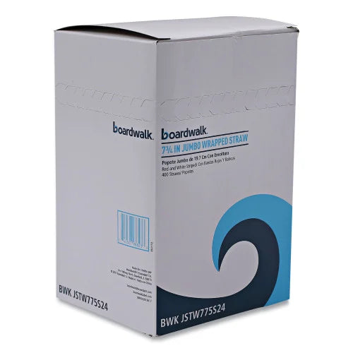 Boardwalk Wrapped Jumbo Straws, 7.75", Plastic, White/Red Stripe, 400/Pack, 25 Packs/Carton (BWKJSTW775S24)