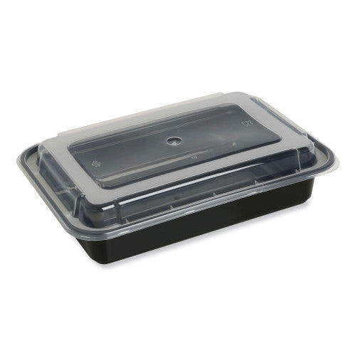 GEN Microwavable Food Container with Lid, Rectangular, 28 oz, 8.81 x 6.02 x 2.04, Black/Clear, Plastic, 150/Carton (GENTORECT28)