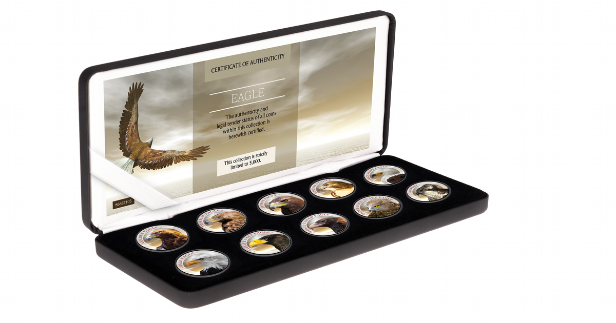 Cook Islands Eagle - Complete Colorized Eagles 10 x 4.43g Coin Set w/Display Box w/COA