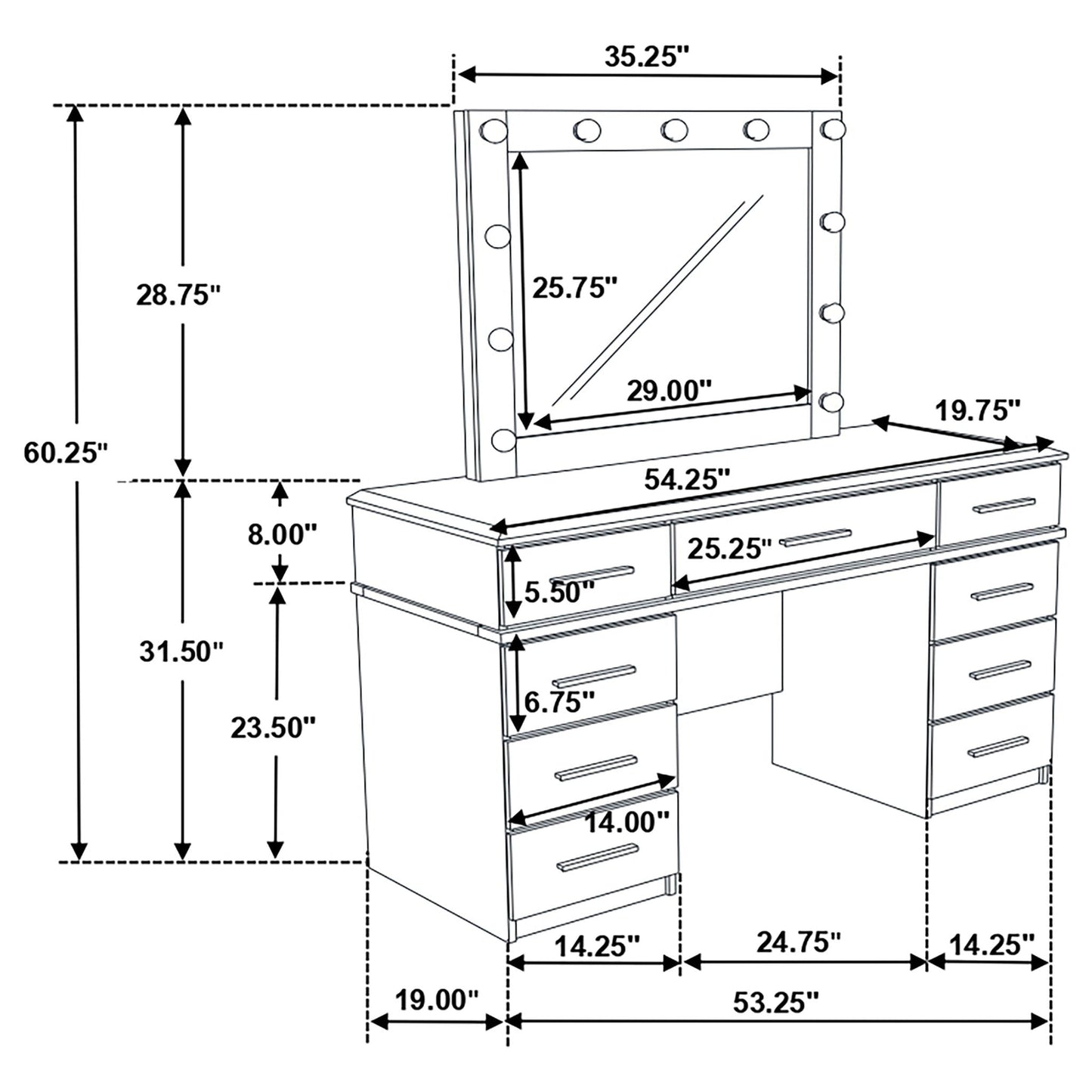 Felicity 9-drawer Vanity Table Lighted Mirror Glossy White