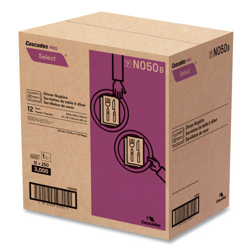 Cascades Select Dinner Napkins, 1-Ply, White, 15.5 x 16, 250/Pack, 12/Carton (N050)