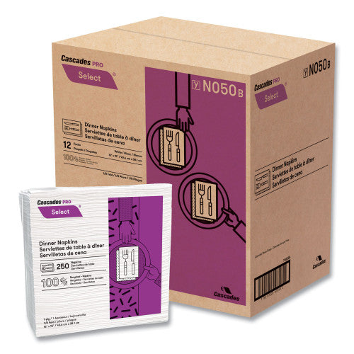 Cascades Select Dinner Napkins, 1-Ply, White, 15.5 x 16, 250/Pack, 12/Carton (N050)