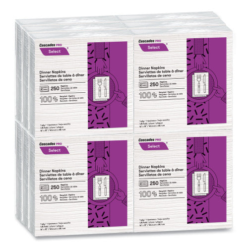 Cascades Select Dinner Napkins, 1-Ply, White, 15.5 x 16, 250/Pack, 12/Carton (N050)