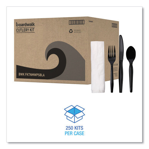 Boardwalk® Four-Piece Cutlery Kit, Fk/Kf/Npkn/Tsp, 250 Packs (BWKFKTNMWPSBLA)