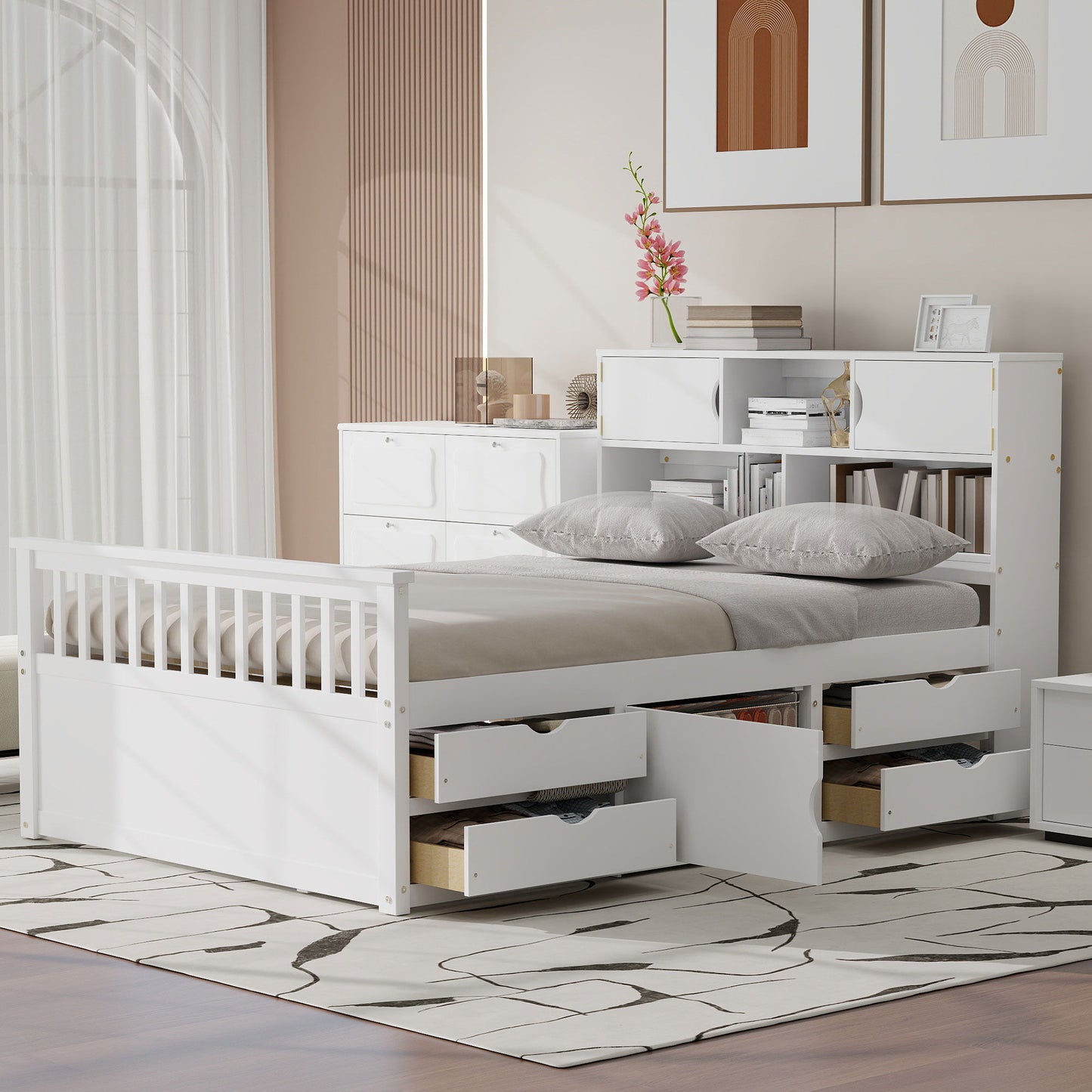Captain Platform Bed Frame With Bookcase Headboard, 4 Drawers, Storage Shelves