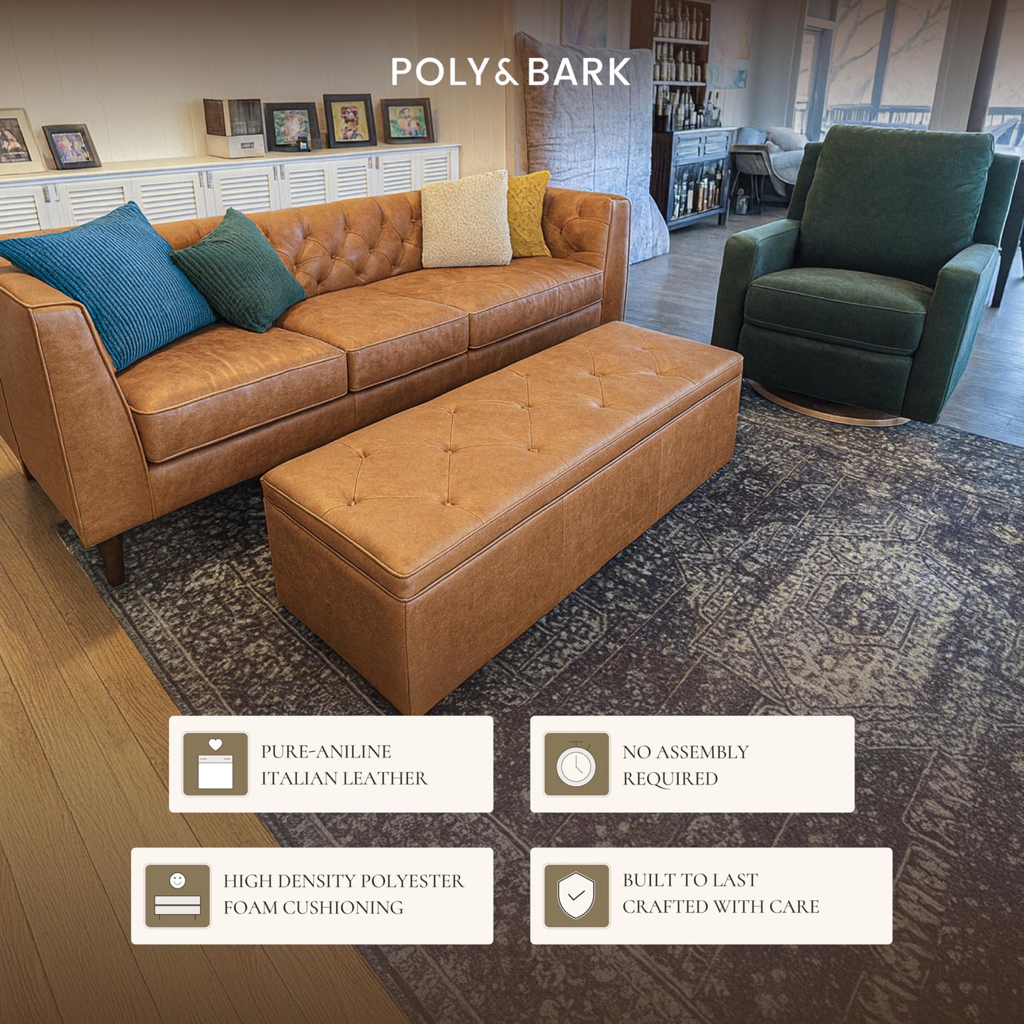 POLY & BARK Denver Ottoman – 43" Large Pouf with Feather-Down Topper – Full-Grain Leather Upholstered Pouf Ottoman for Living Room – Vintage Italian Leather in Cognac Tan