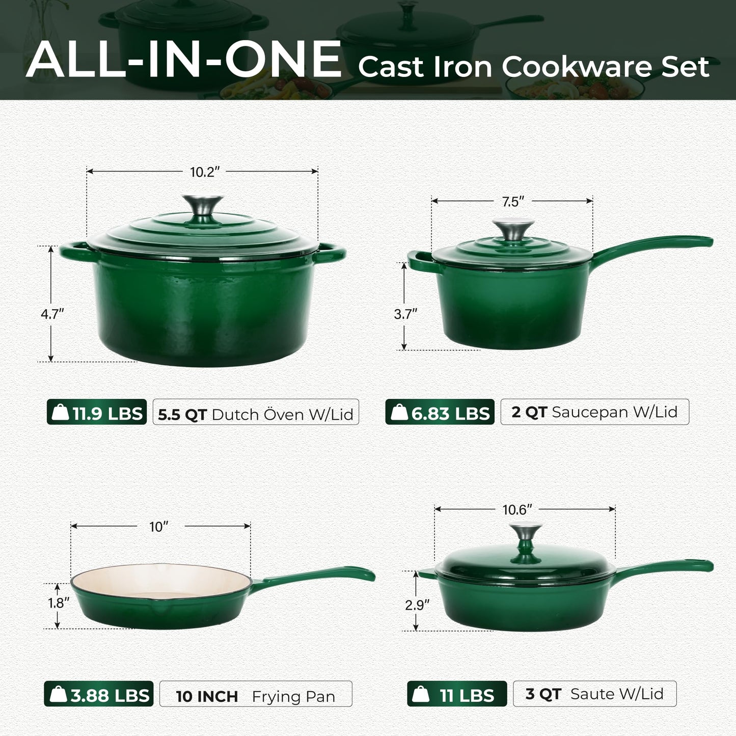 Kitchen Academy Enameled Cast Iron Cookware Sets - 7Pcs Pots and Pans Set Non Toxic, Induction Dutch Oven Set, PFOA&PFAS Free