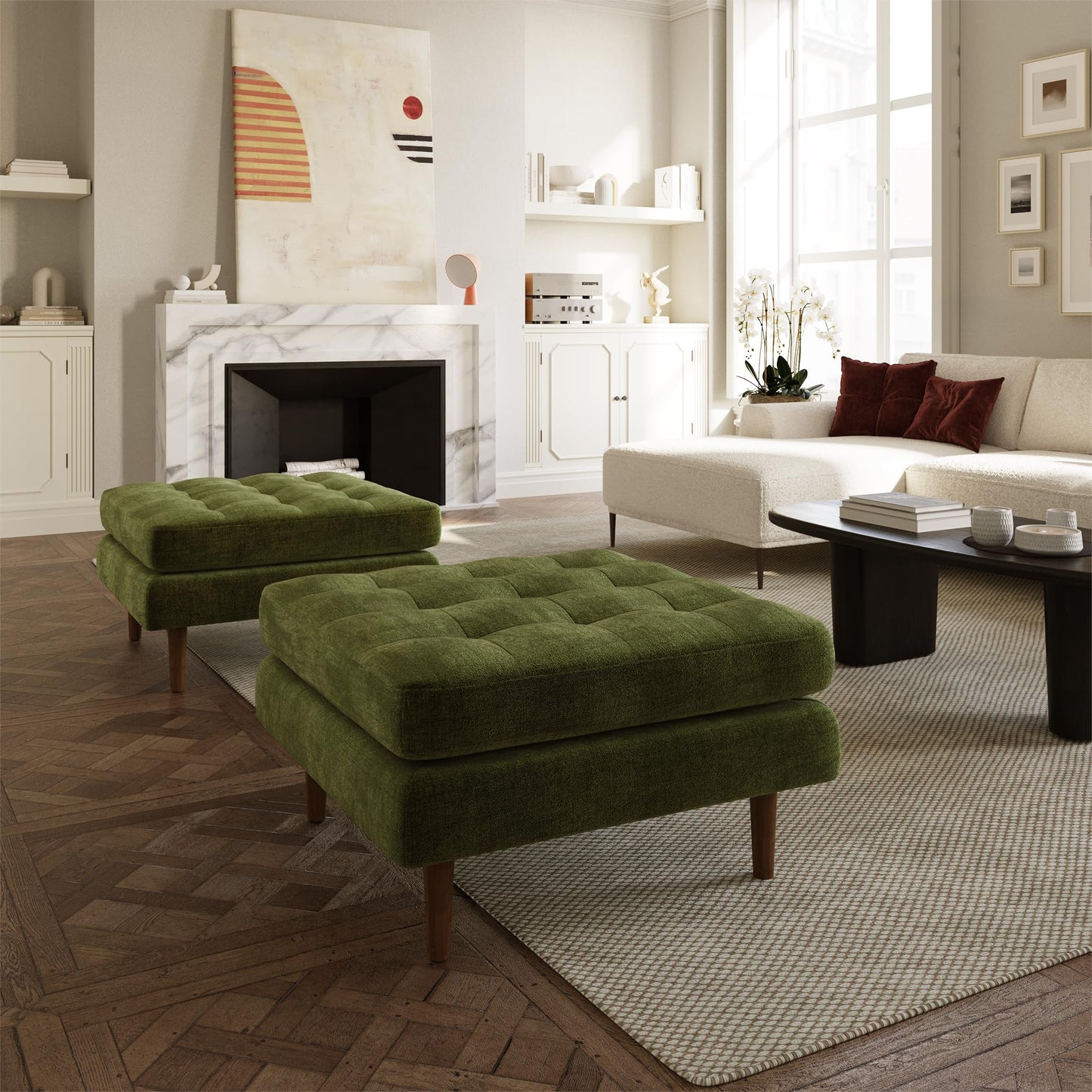 Poly & BARK Napa Velvet Ottoman – Square Upholstered Velvet Accent Piece with Elegant Turned Wood Legs – Luxe Footrest or Extra Seating for Living Room, Bedroom, Lounge or Reading Nook