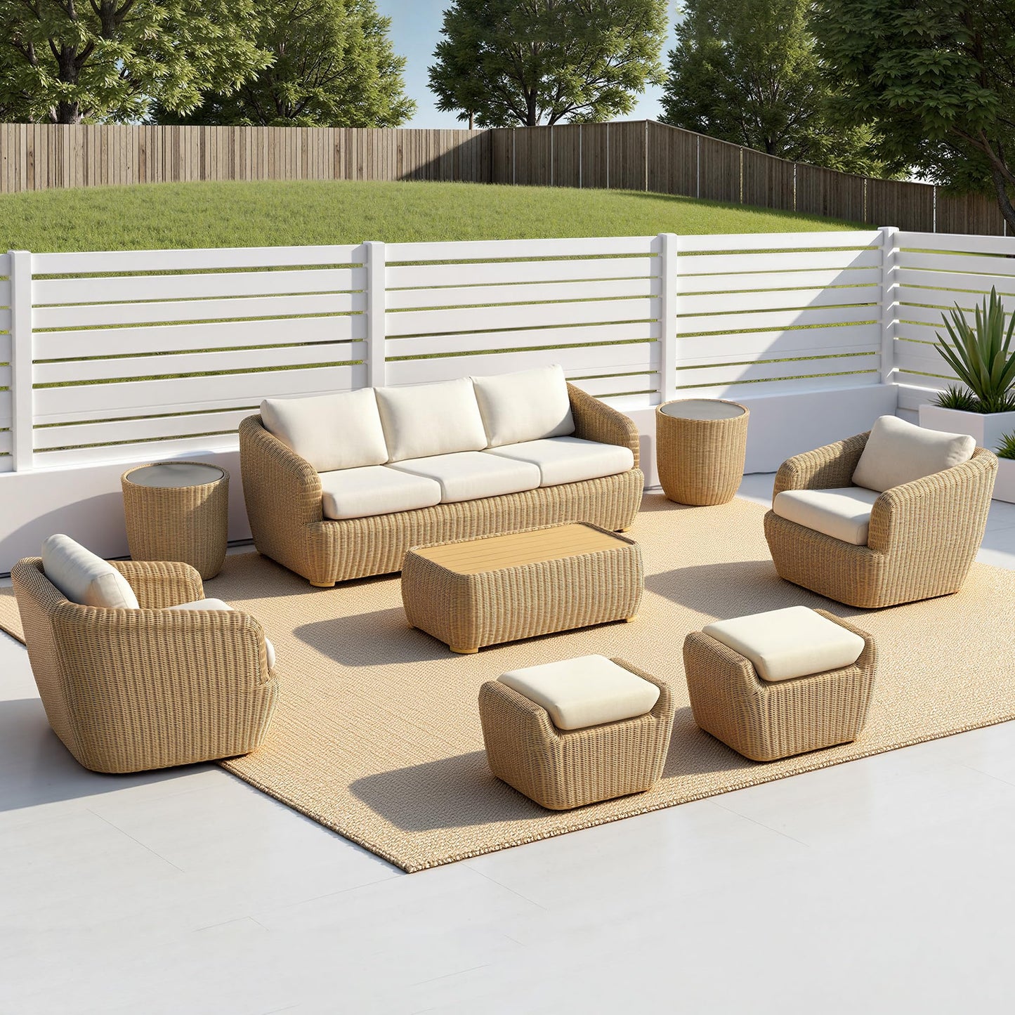 CHITA 5 Pieces Patio Wicker Furniture Set, Outdoor Rattan Bistro Set with Removable Thickened Cushions, Fully Assembled(Beige Cushions with Light Brown Wicker)