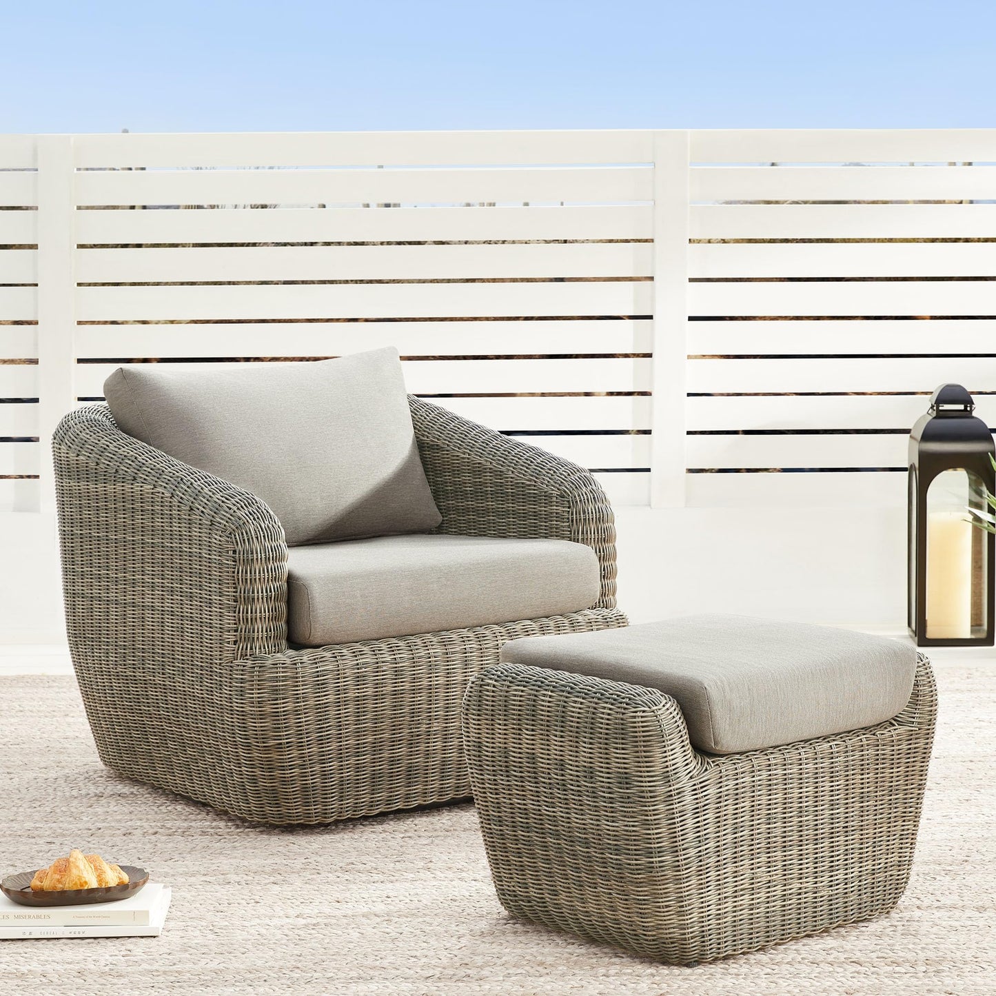 CHITA 5 Pieces Patio Wicker Furniture Set, Outdoor Rattan Bistro Set with Removable Thickened Cushions, Fully Assembled(Beige Cushions with Light Brown Wicker)