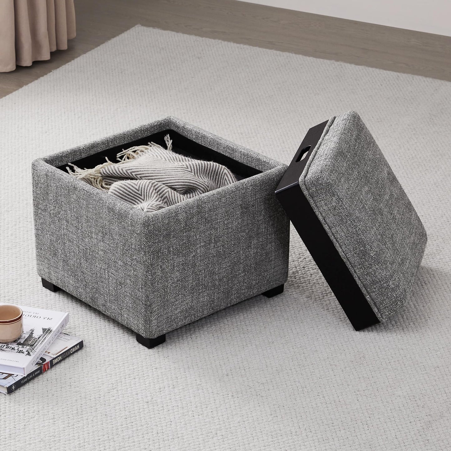 CHITA Storage Ottoman Cube with Tray Lid, Small Footstool with Storage, Square End Table for Living Room and Bedroom, Faux Leather in Saddle Brown