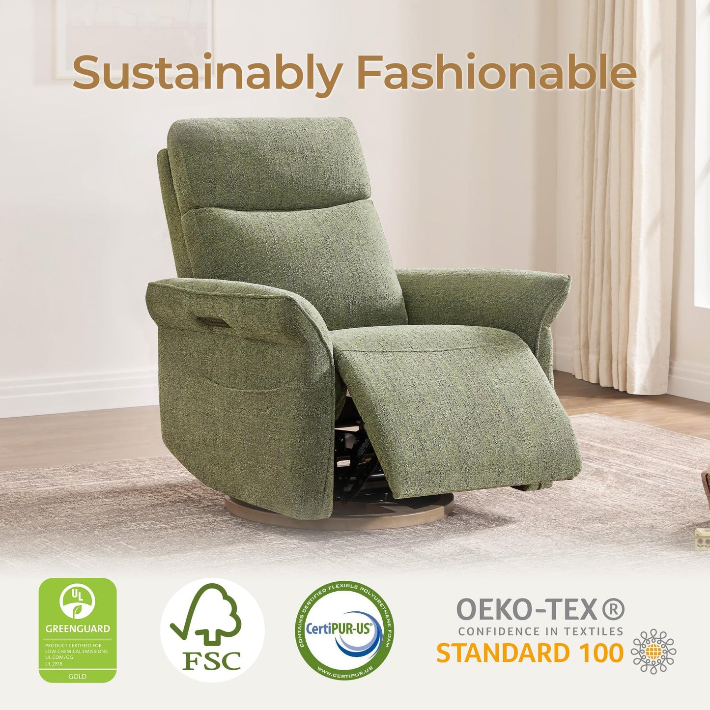 CHITA Power Recliner Chair, Electric Triple-Motor Swivel Glider Nursery Rocking Chair with Adjustable Power Headrest and Lumbar Support, GREENGARD Gold Certified, Solid Wood Base, Linen