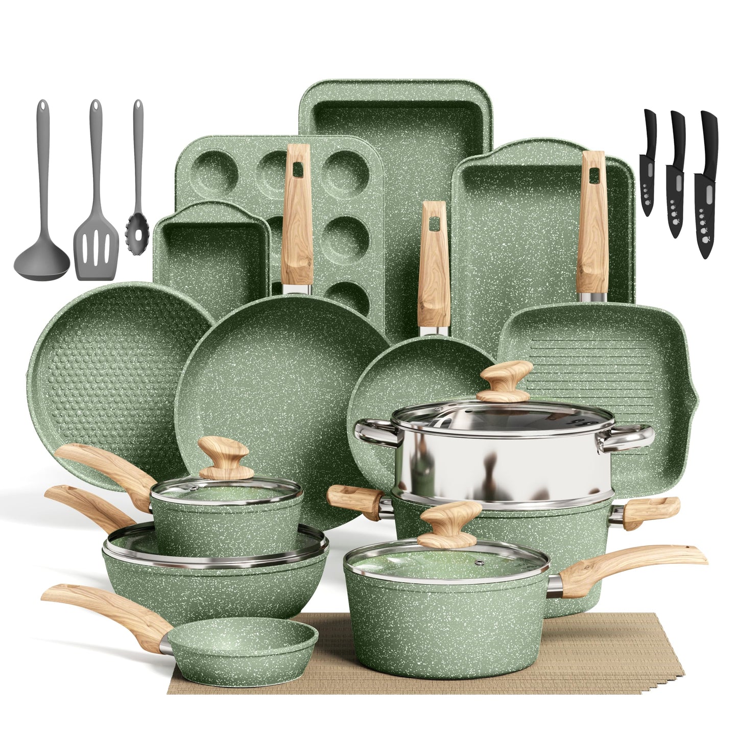 Kitchen Academy 30Pcs Pots and Pans Set Non Stick - Induction Black Cooware Set, Nonstick Granite Cookware and Bakeware Sets, PFOA&PFOS-Free, Non Toxic Healthy Kitchen Cooking Pans Set
