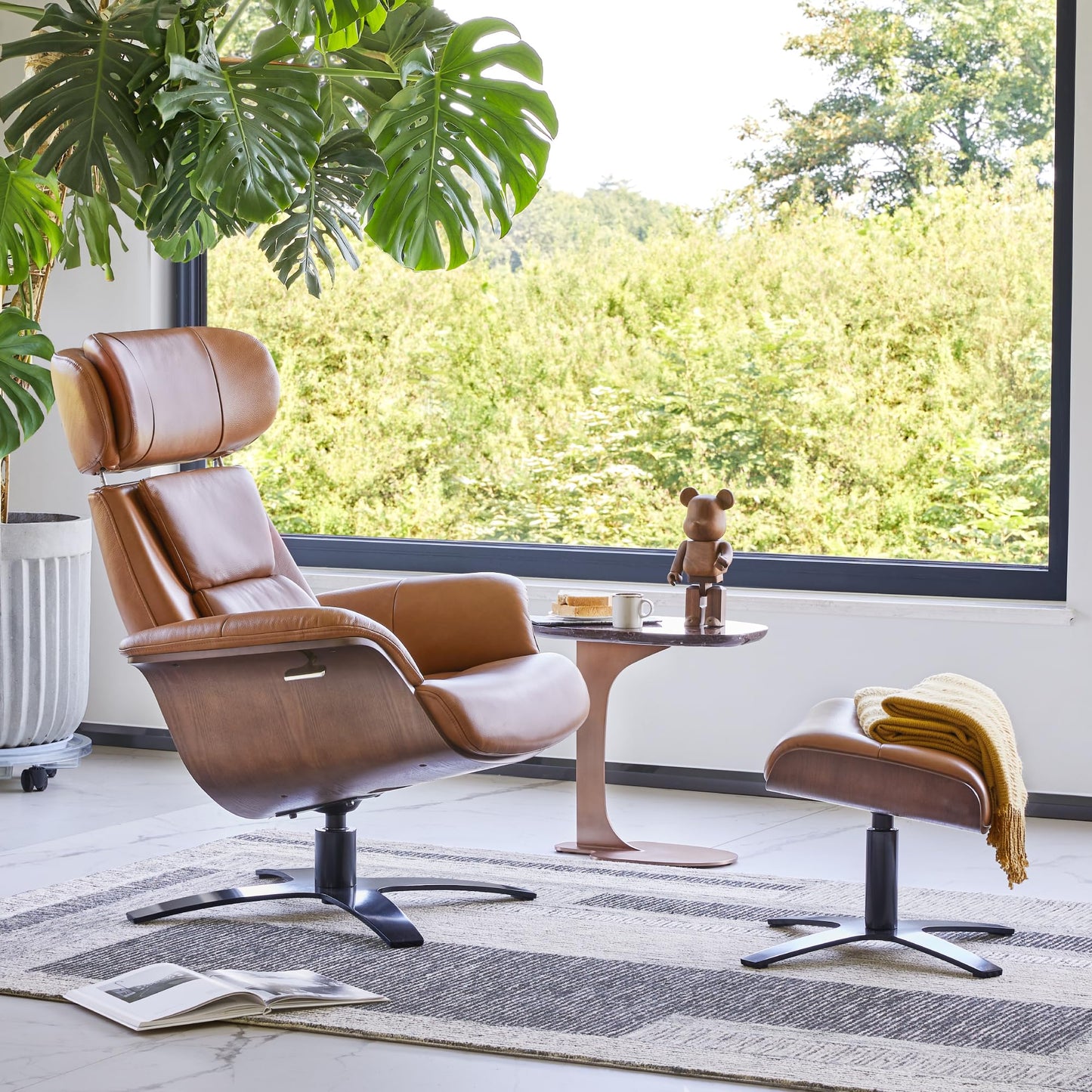 CHITA Genuine Leather Reclining Swivel Chair with Adjustable Headrest and Ottoman for Living Room, Office, Saddle