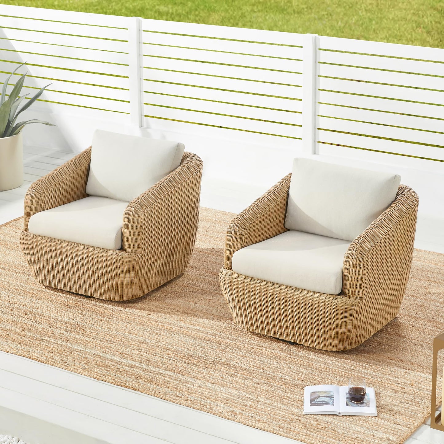 CHITA 5 Pieces Patio Wicker Furniture Set, Outdoor Rattan Bistro Set with Removable Thickened Cushions, Fully Assembled(Beige Cushions with Light Brown Wicker)