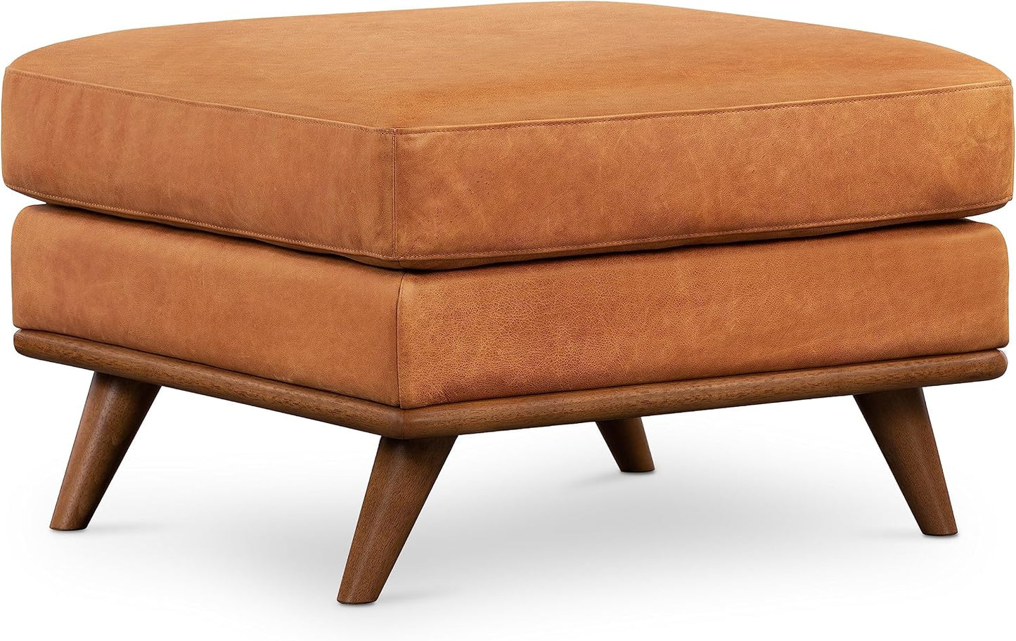 Poly & BARK Nolita Ottoman in Cognac Tan – Premium Leather Ottoman with Solid Wood Base, Modern Footrest, Accent Seating, and Living Room Furniture