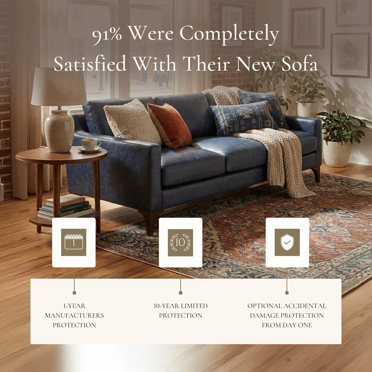 POLY & BARK Sorrento 86" Sofa – Cognac Tan Full-Grain Pure-Aniline Italian Leather, Feather-Down Cushions, Solid Wood Frame & Walnut Legs