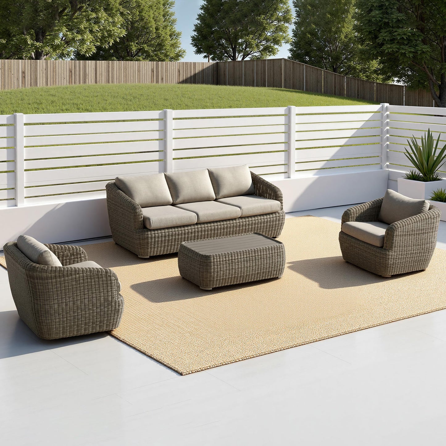 CHITA 5 Pieces Patio Wicker Furniture Set, Outdoor Rattan Bistro Set with Removable Thickened Cushions, Fully Assembled(Beige Cushions with Light Brown Wicker)
