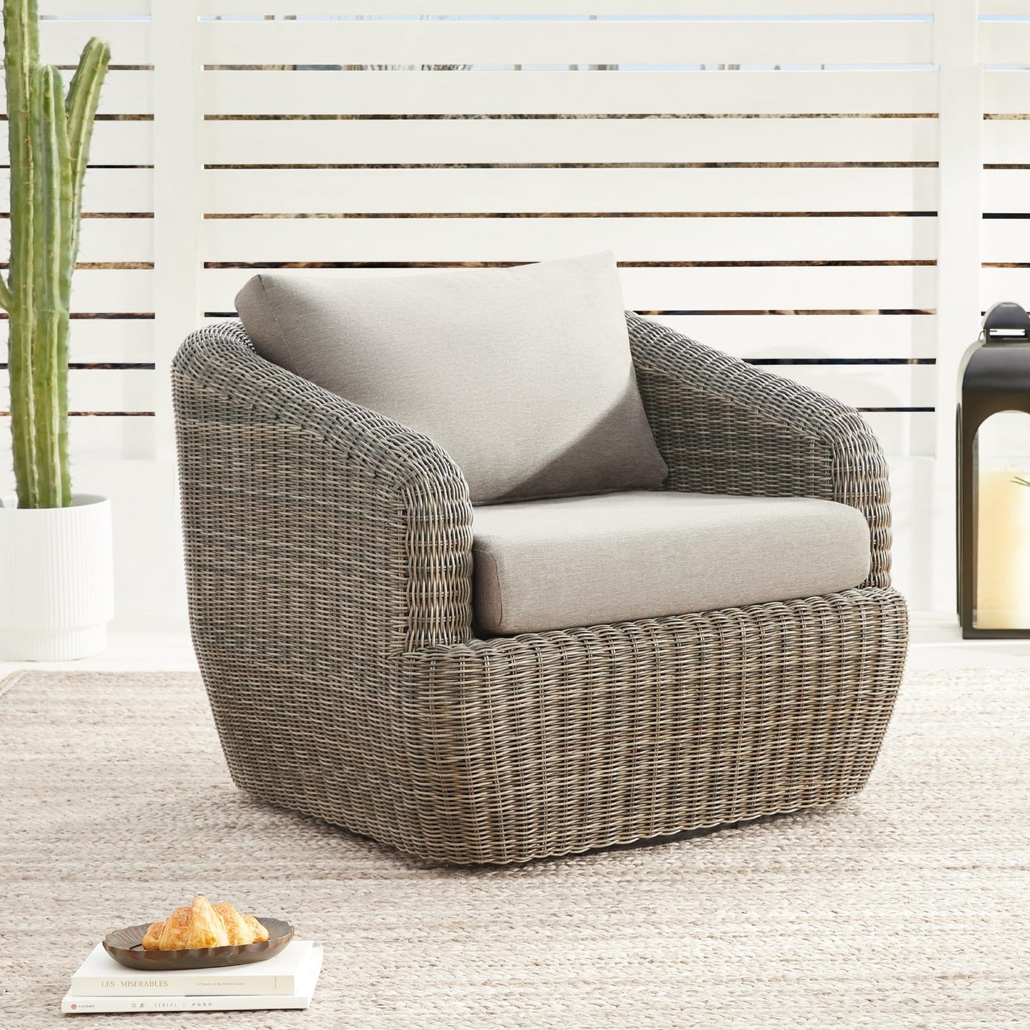 CHITA 5 Pieces Patio Wicker Furniture Set, Outdoor Rattan Bistro Set with Removable Thickened Cushions, Fully Assembled(Beige Cushions with Light Brown Wicker)