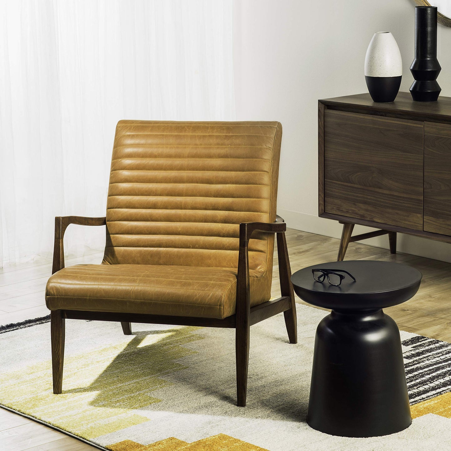 Poly & BARK Rowan Lounge Chairs Set of 2 – Mid Century Modern Leather Armchairs with Ribbed Seat and Solid Ash Wood Frame, Cognac Tan