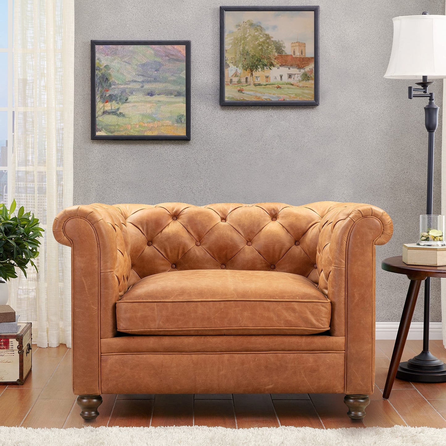 Poly & BARK Rowan Lounge Chairs Set of 2 – Mid Century Modern Leather Armchairs with Ribbed Seat and Solid Ash Wood Frame, Cognac Tan