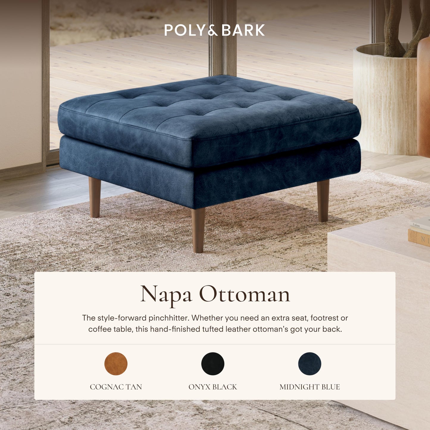 POLY & BARK Napa 82" Leather Pull‑Out Sleeper Sofa – Full‑Grain Italian Leather Upholstery,Tri‑Layer Mattress & Storage Console –Sophisticated Multi‑Functional Sofa Bed for Living Rooms & Guest Spaces