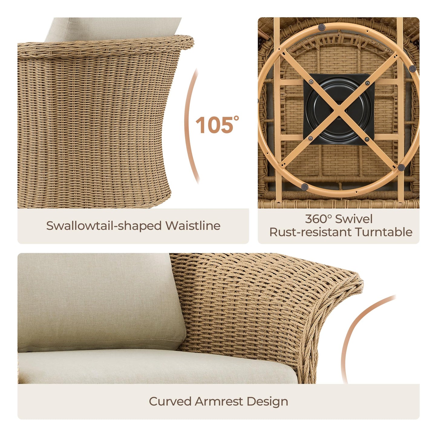 CHITA 3 Pieces Wicker Patio Bistro Set, Outdoor Rattan Furniture Set with 2 Pieces Thickened Cushion Swivel Chairs and Side Table for Backyard, Poolside, Garden or Porch
