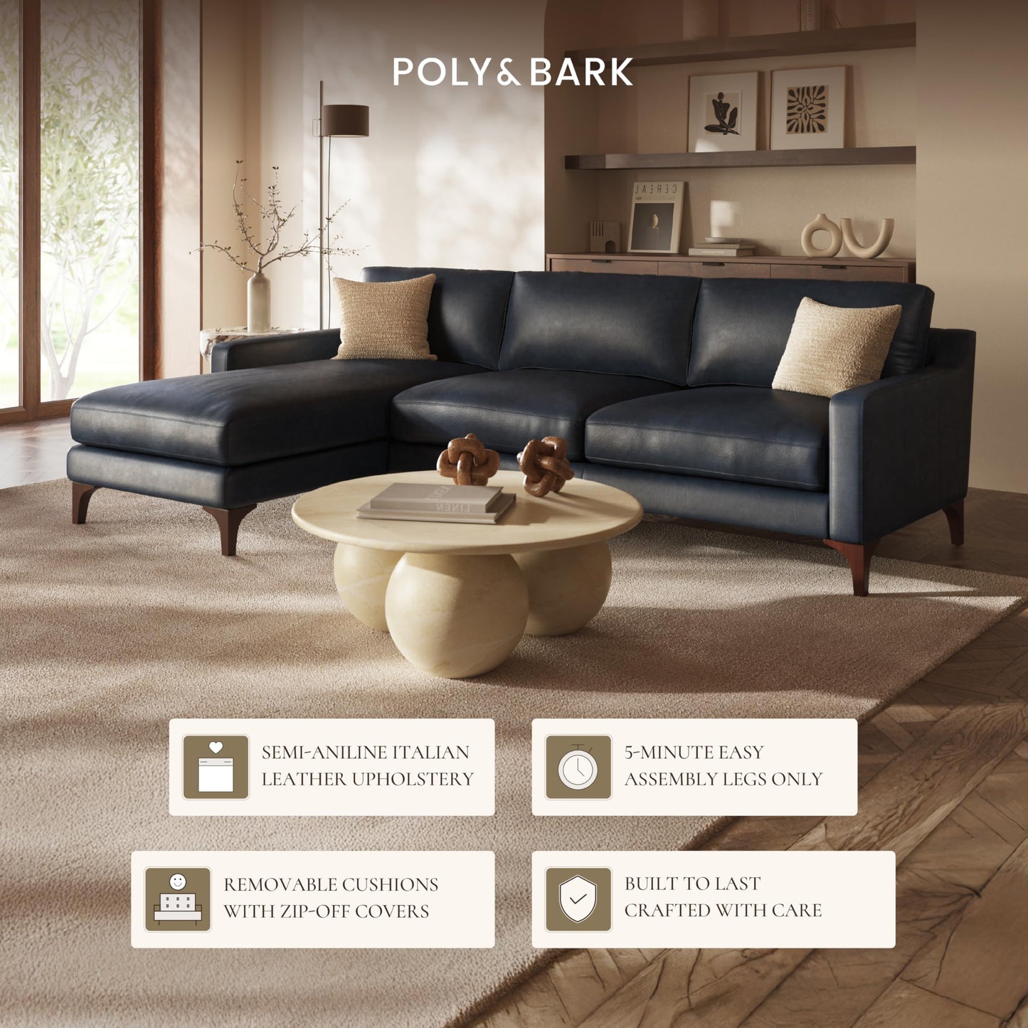 Poly & BARK Harper Left-Facing Leather Sleeper Sectional Sofa Cognac Tan– Full-Grain Aniline Leather, Sculptural Silhouette, Walnut-Finished Legs – Modern Statement Sofa for Living Spaces