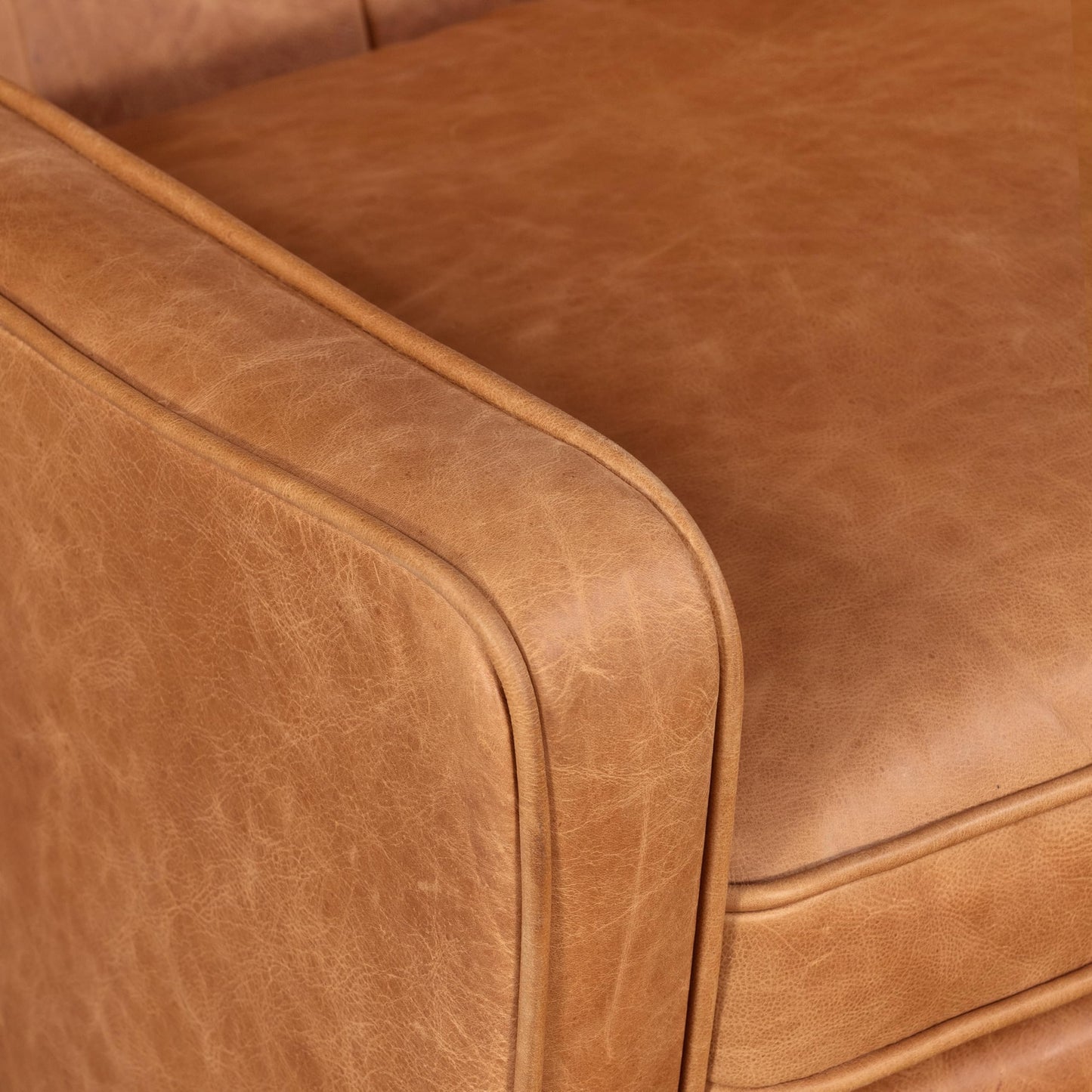 Poly & BARK Rowan Lounge Chairs Set of 2 – Mid Century Modern Leather Armchairs with Ribbed Seat and Solid Ash Wood Frame, Cognac Tan