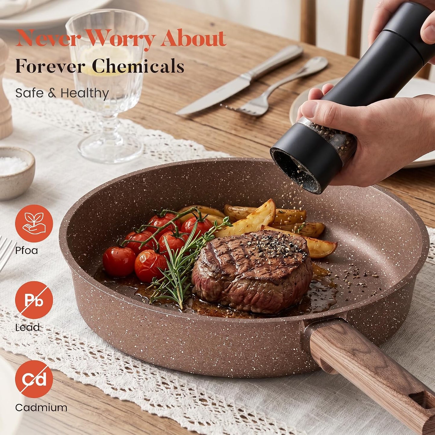 Kitchen Academy 10Pcs Induction Pots & Pans Set Non Stick, Brown | Nonstick Cookware Set, Healthy Non Toxic Cooking Pans and Sets, Easy to Clean, PFOA&PFAS Free