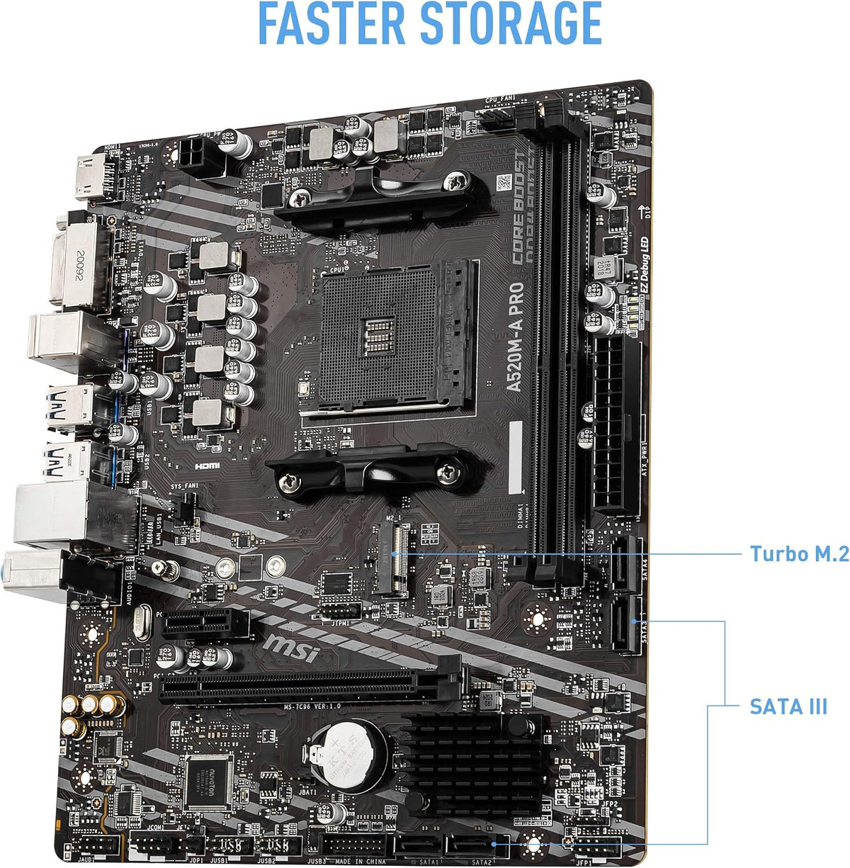 MSI A520M-A PRO Gaming Motherboard (AMD Ryzen 5000, AM4, DDR4, PCIe 3.0, SATA 6Gb/s, M.2, USB 3.2 Gen 1, DVI/HDMI, Micro-ATX)