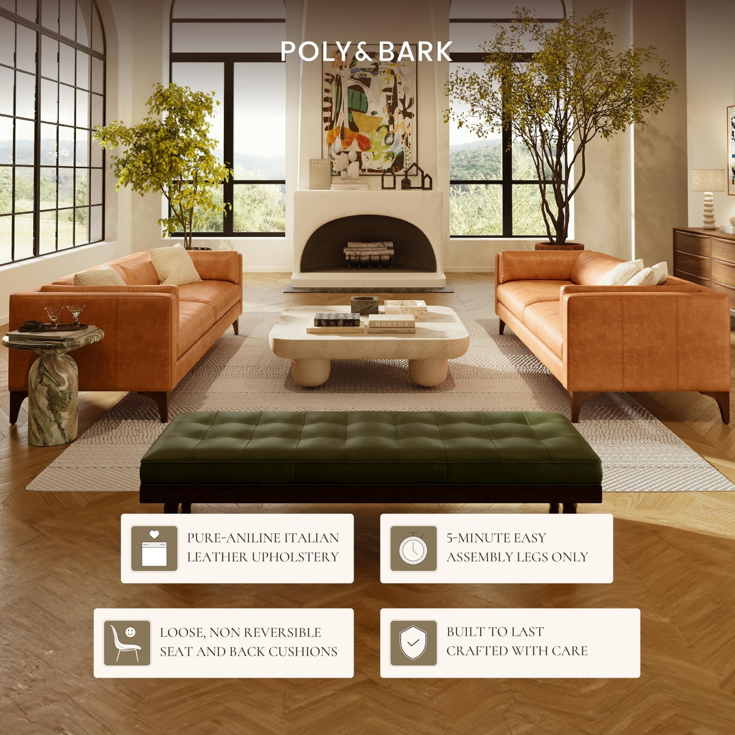 POLY & BARK Capa 96.5" Sofa – Chocolate Brown Full-Grain Pure-Aniline Italian Leather, Boxy Modern Design, Feather-Fiber Cushions, Solid Wood Frame