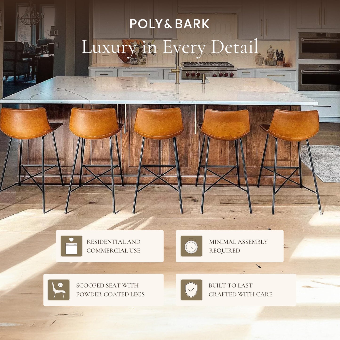 POLY & BARK Paxton Leather Counter Stools 24 Inches – Set of 2 - Counter Height Bar Stools with Back – Modern Barstools for Kitchen Island or Counters – Faux Leather & Matte Black Steel Base – Tan