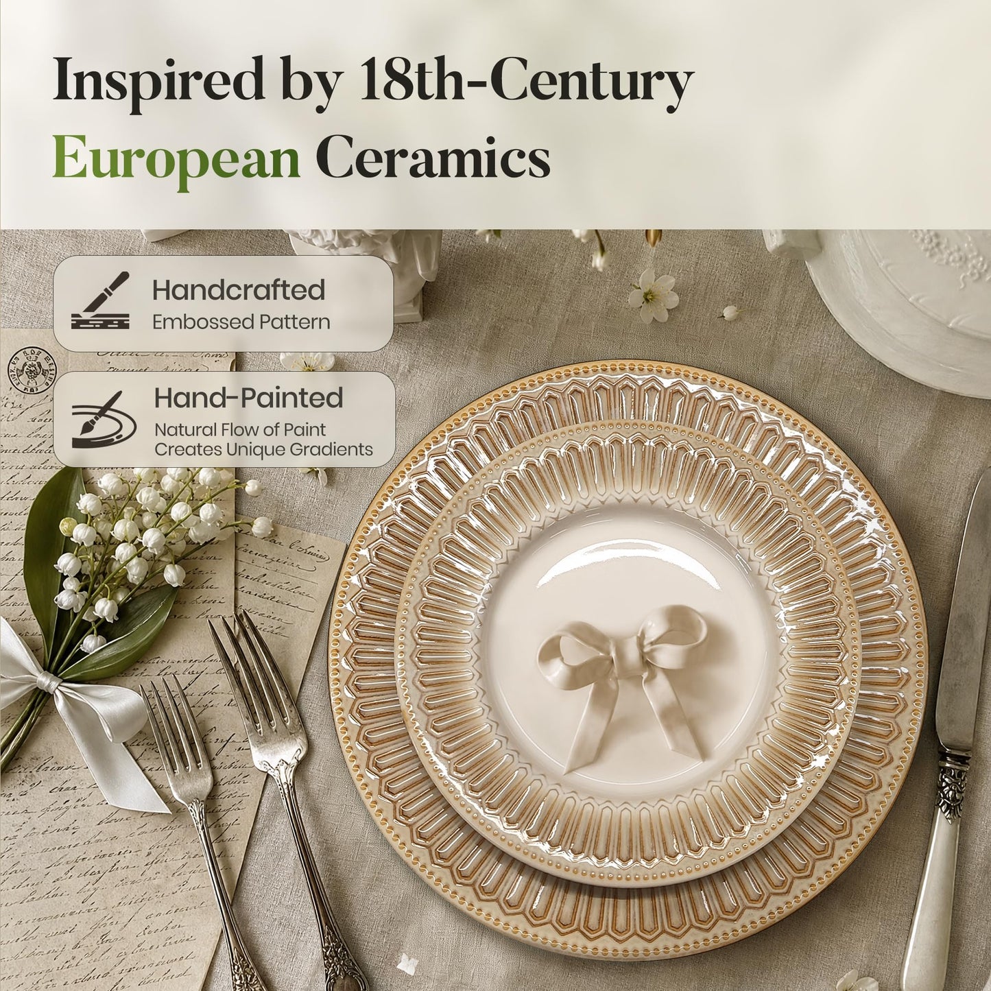 Kitchen Academy Stoneware Dinnerware Sets for 8, Embossed Ceramic Plates and Bowls Set, Beige Dishes