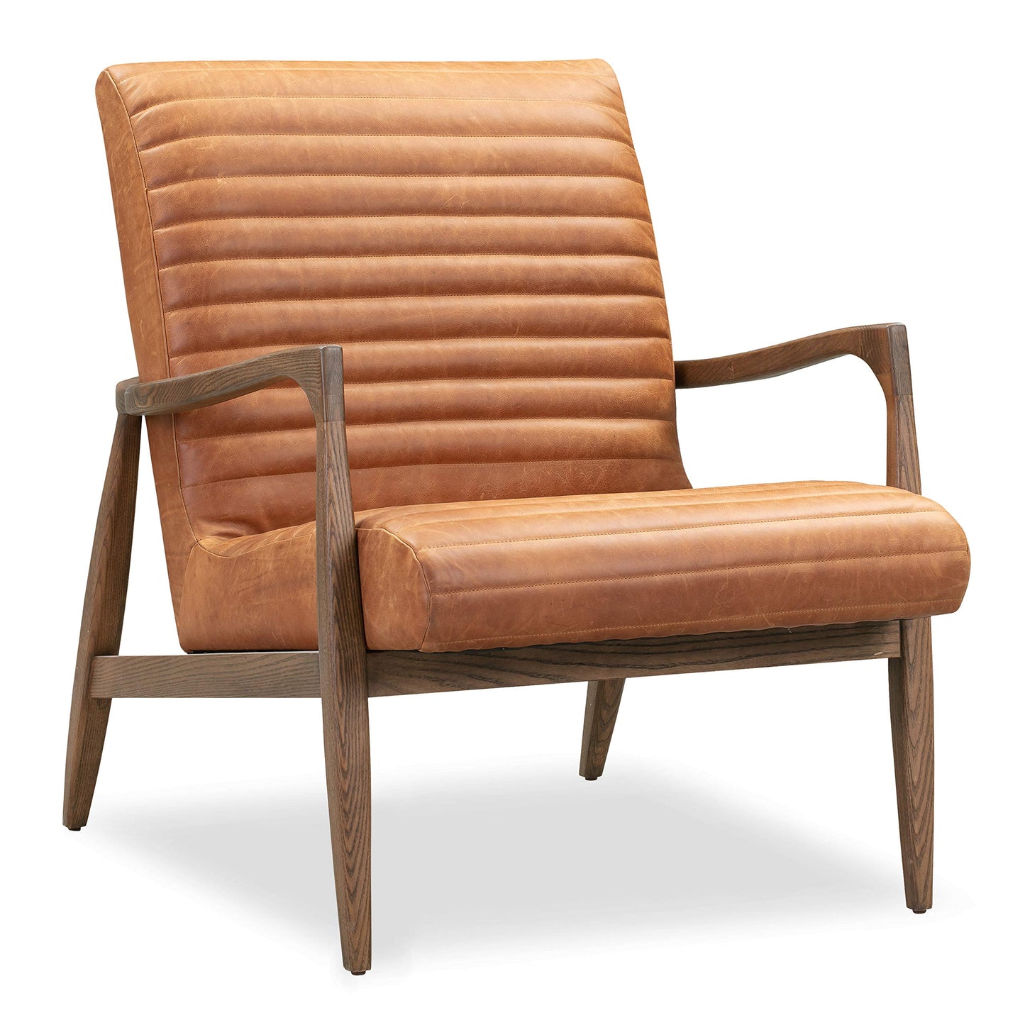 Poly & BARK Rowan Lounge Chairs Set of 2 – Mid Century Modern Leather Armchairs with Ribbed Seat and Solid Ash Wood Frame, Cognac Tan