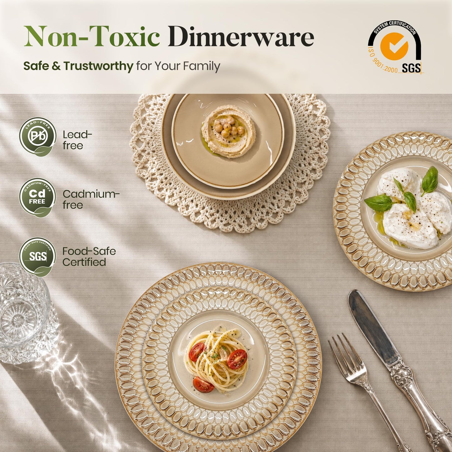 Kitchen Academy Stoneware Dinnerware Sets for 8, Embossed Ceramic Plates and Bowls Set, Beige Dishes